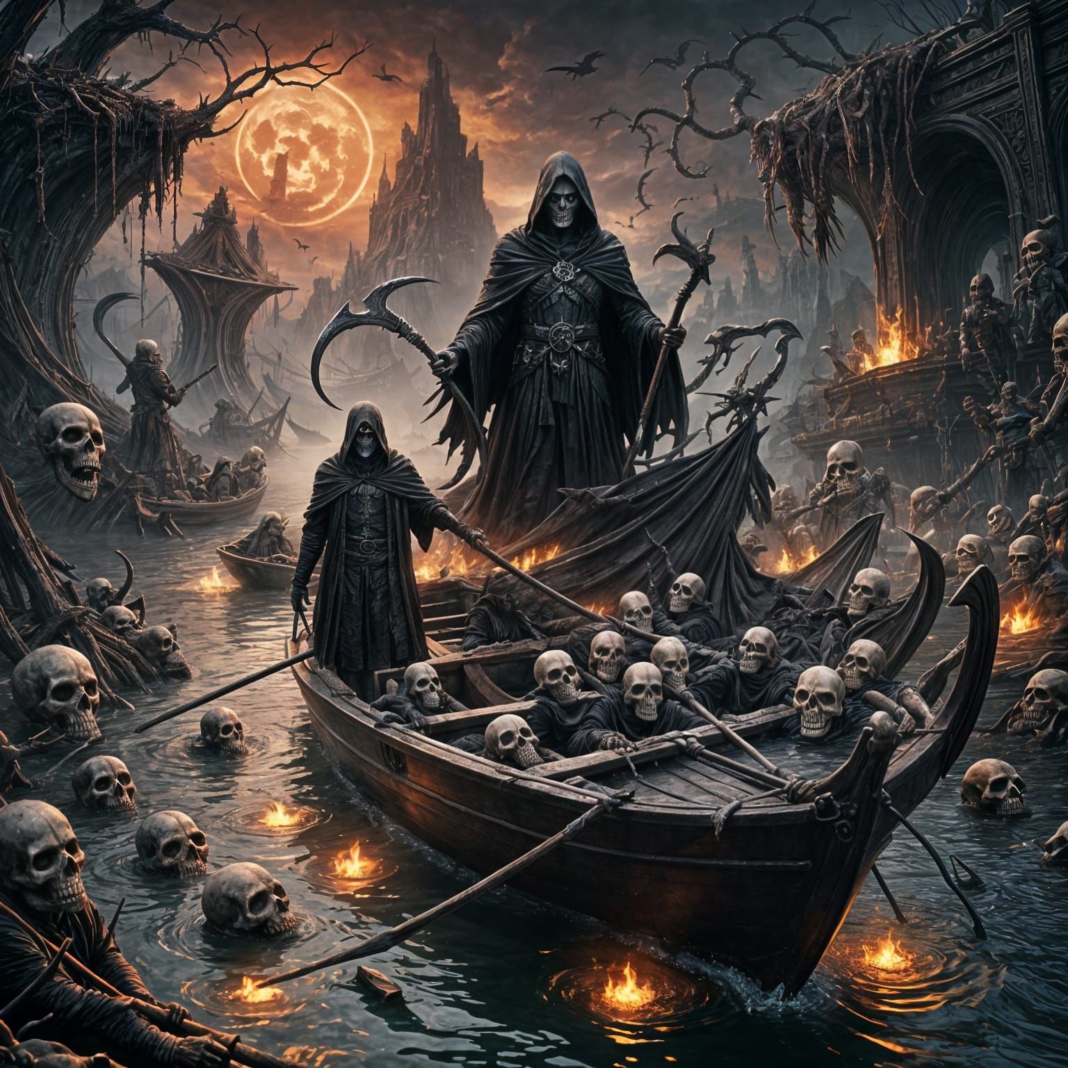 Grim Reaper on the River Styx: Dark Fantasy Art