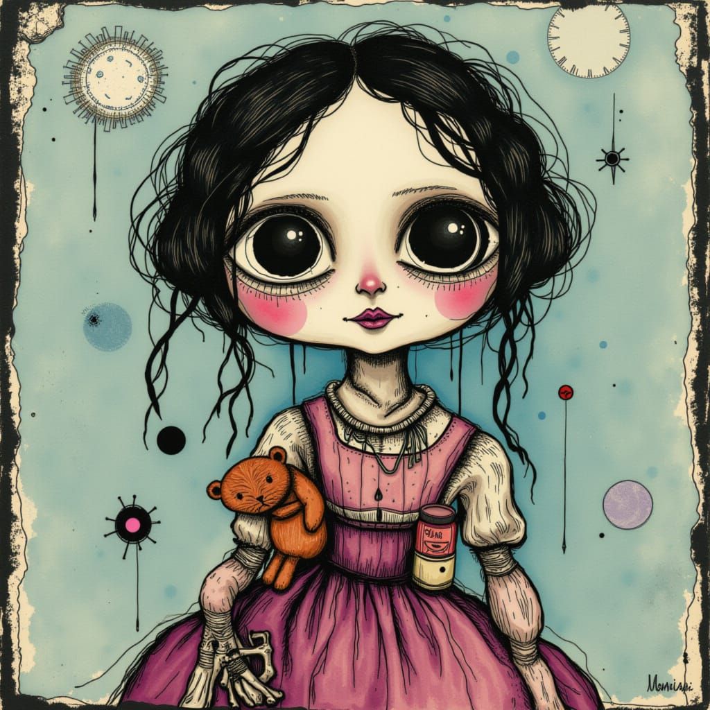 Sinister Girl with Teddy in Burtonesque Style