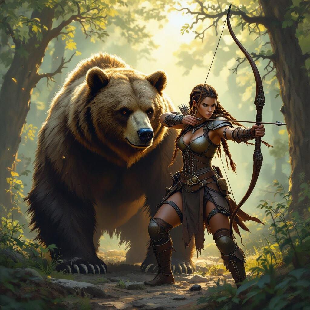 Barbarian Ranger and Bear in Ancient Forest