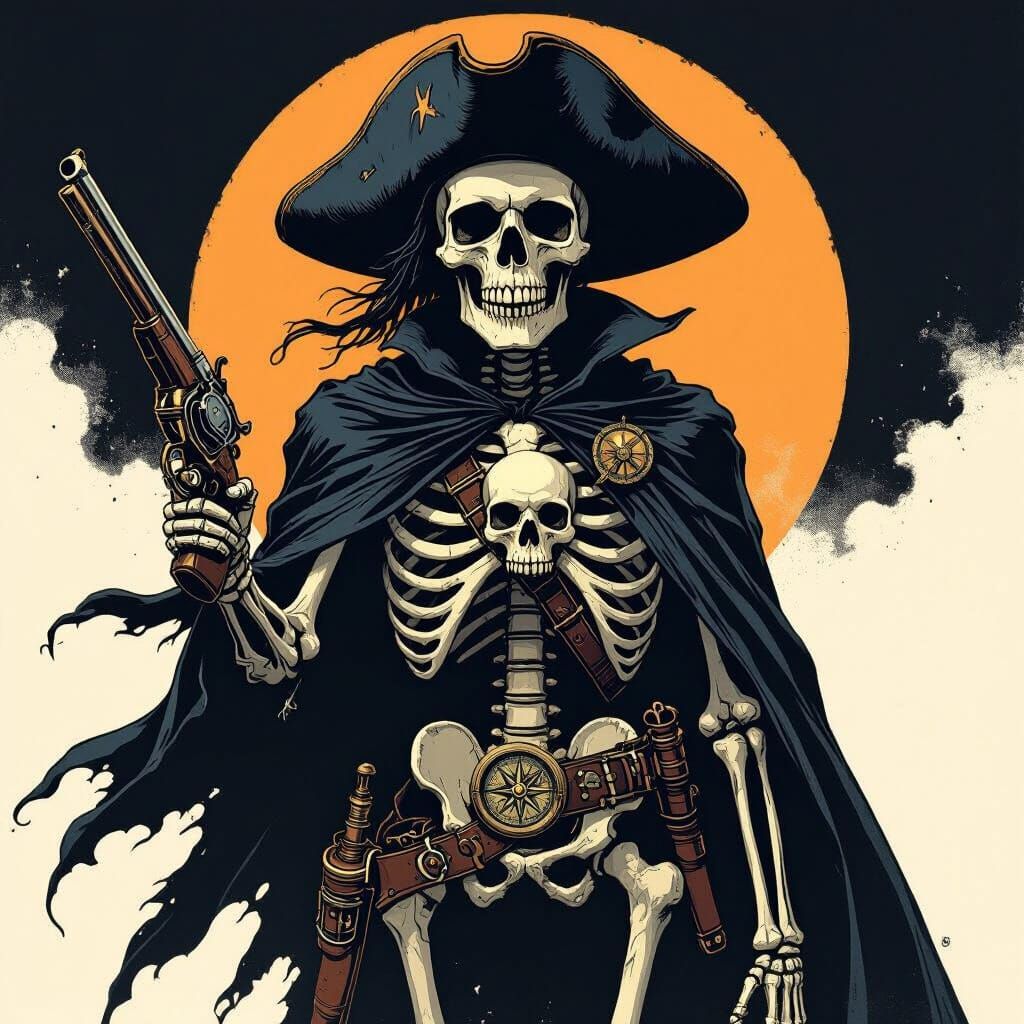 Pirate Skeleton with Raven Skull in Gothic Style
