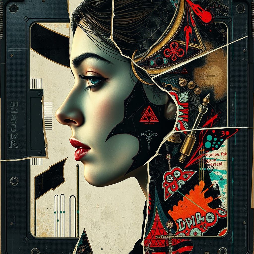 Distorted Goddess in Shattered VHS Tape, a Decopunk Graffiti...