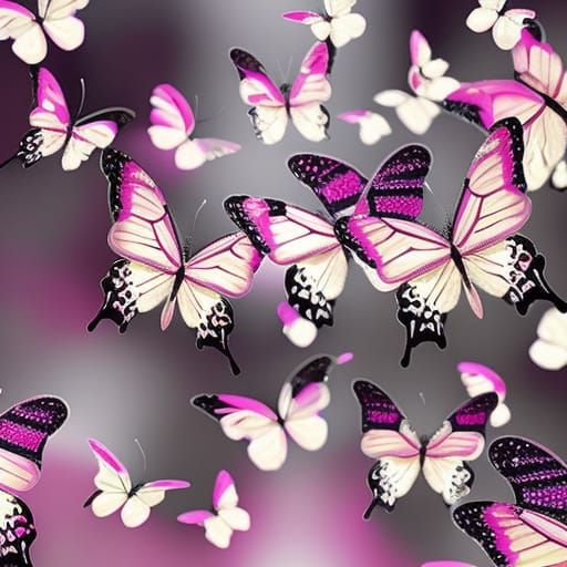 ""all shades of bright pink butterflies flying in the shape of the words "HOPE" "LOVE" "SHARING" on a pale candy pink ba...