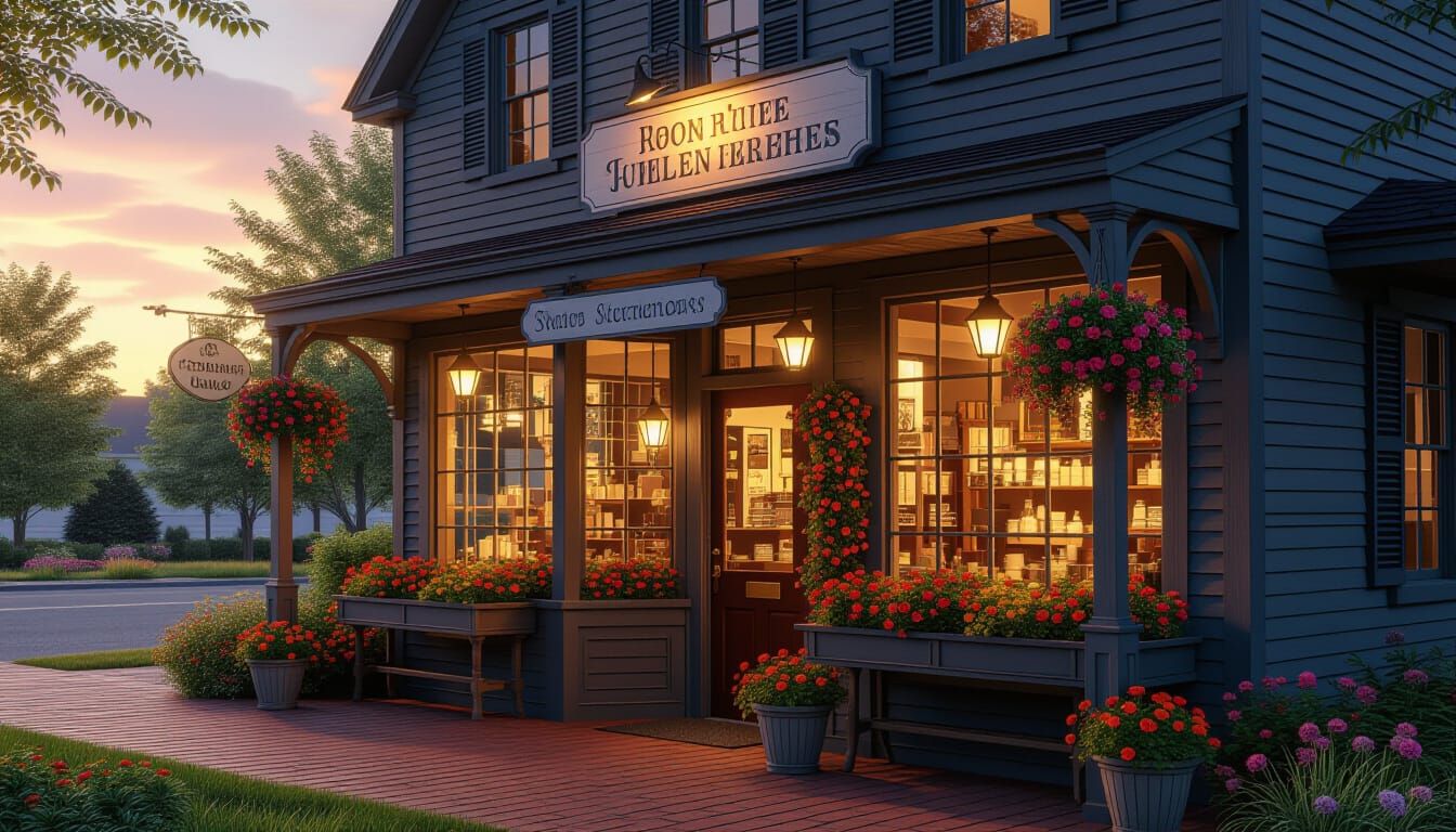 Quaint Country Storefront in Golden Sunset Light