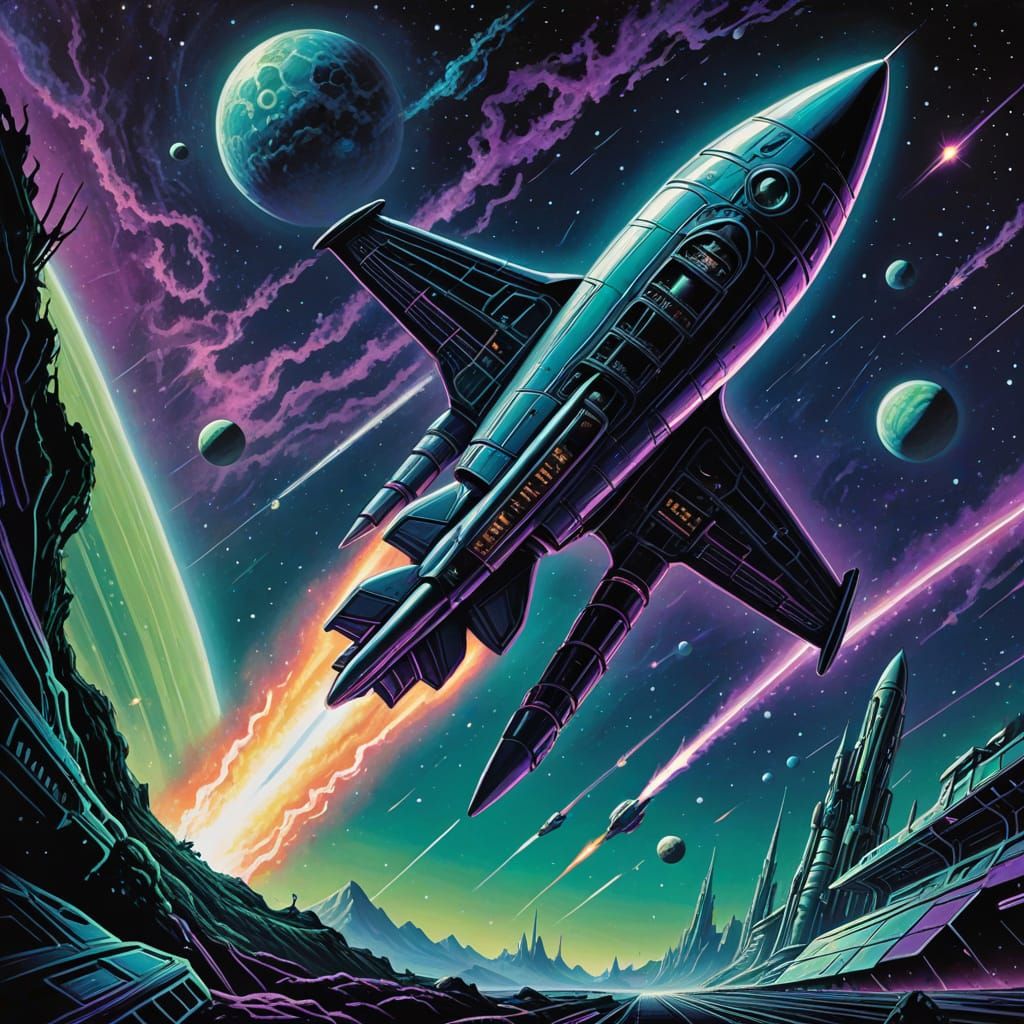 Retro-Futuristic Rocket Soaring Through Space as Vintage Pos...