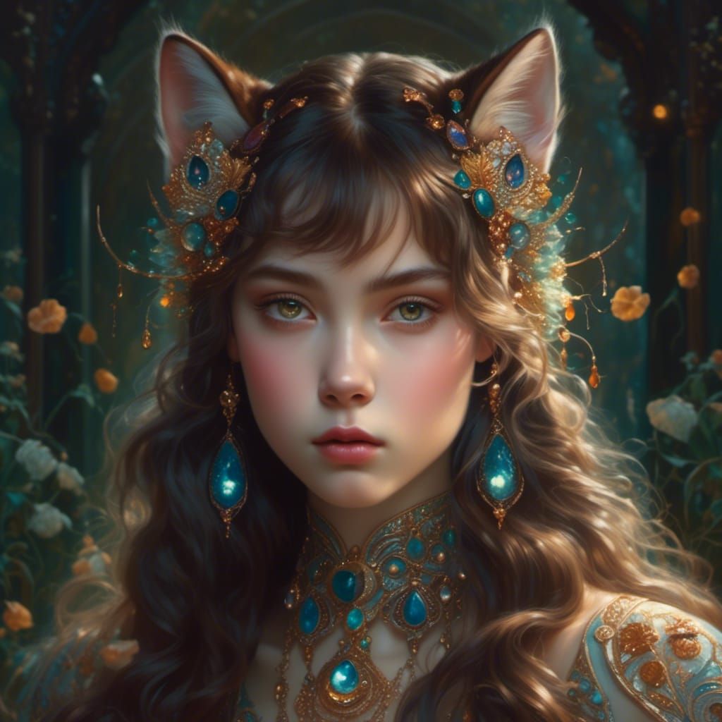 Cat-Human Goddess in Mystical Desert Oasis