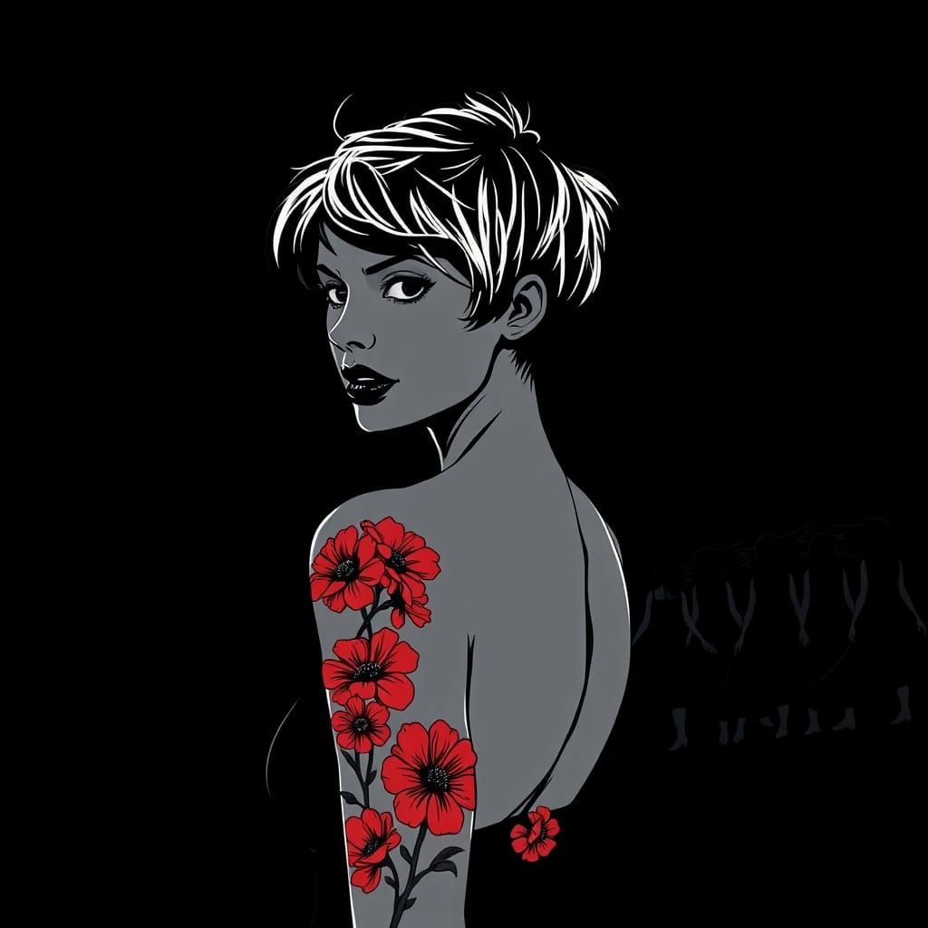 Monochromatic Woman Silhouette with Red Flowers and NYC Skyl...
