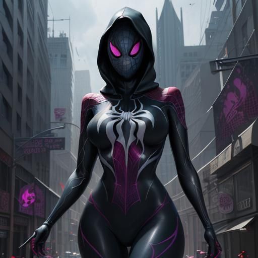 Colossal Spider-Gwen Symbiote Over City, Fantasy Art