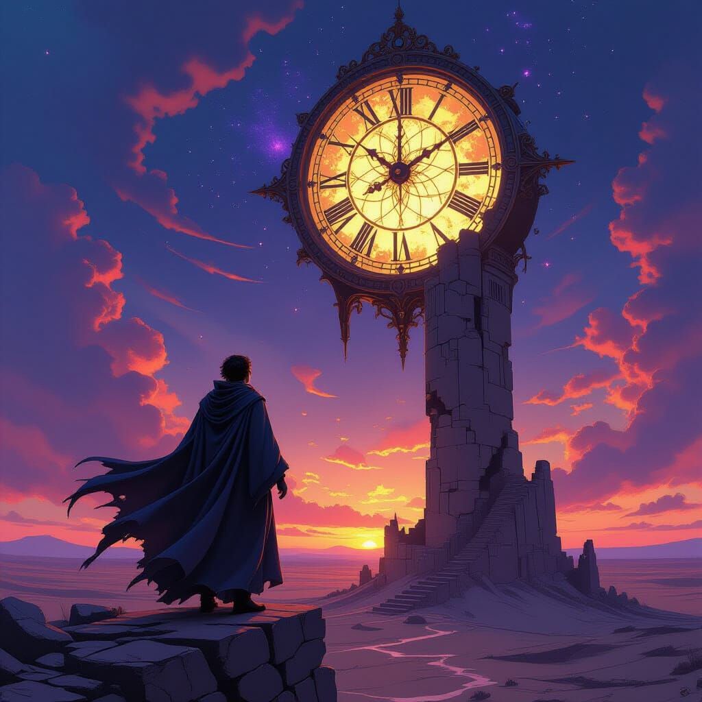 Cosmic Clock in Wasteland with Mage, in Digital Painting Sty...