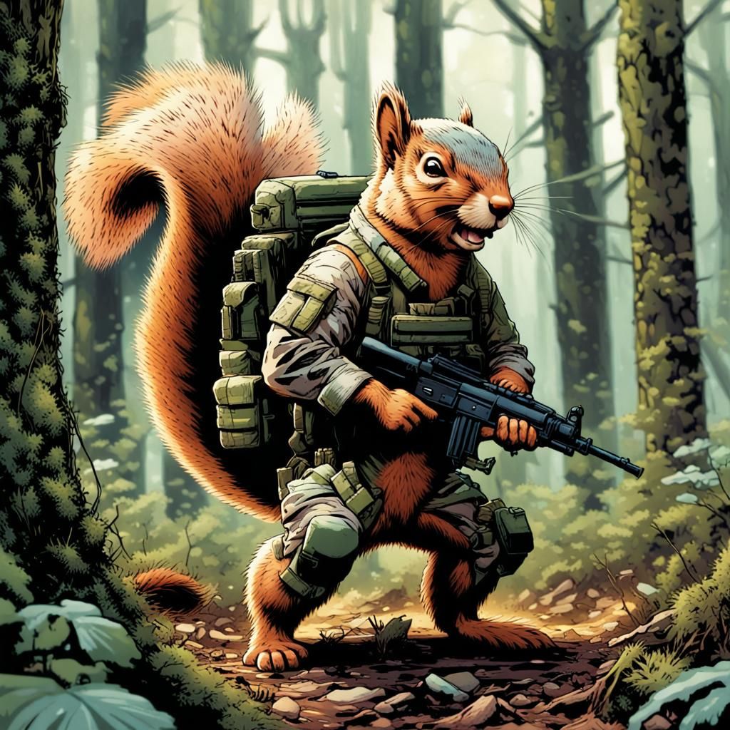 A squirrel wearing camouflage combat gear standing in a clea...