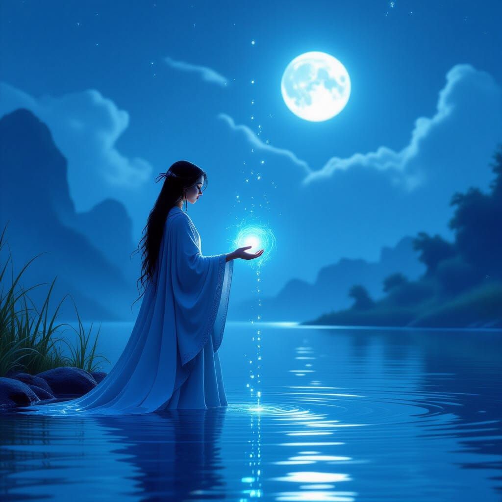 Mystical Water Mage Conjures Serene Lake Scene