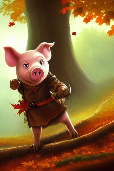 Pig Robin Hood in Autumn Forest, Digital Painting