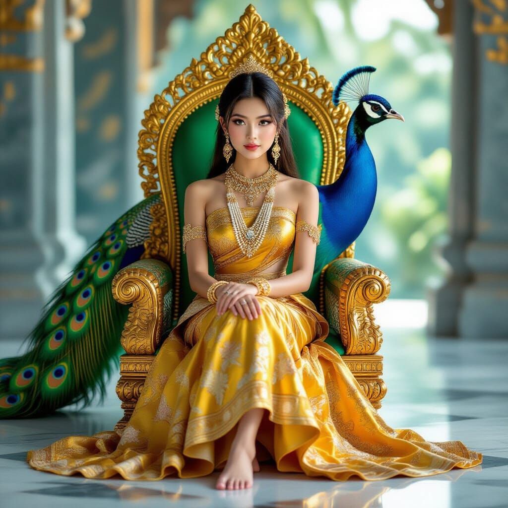Burmese Girl in Golden Dress with Peacock