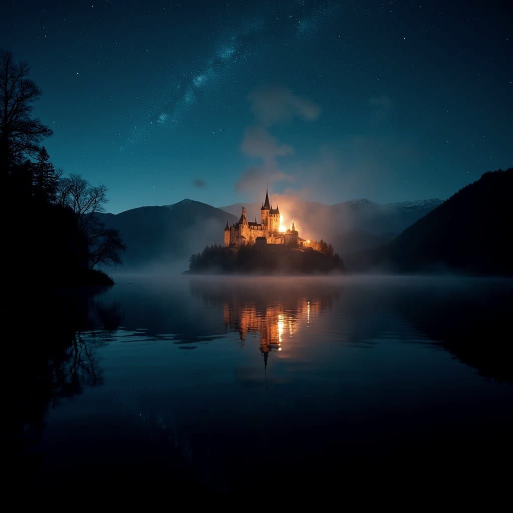Burning Castle by Magical Lake: Cinematic Night
