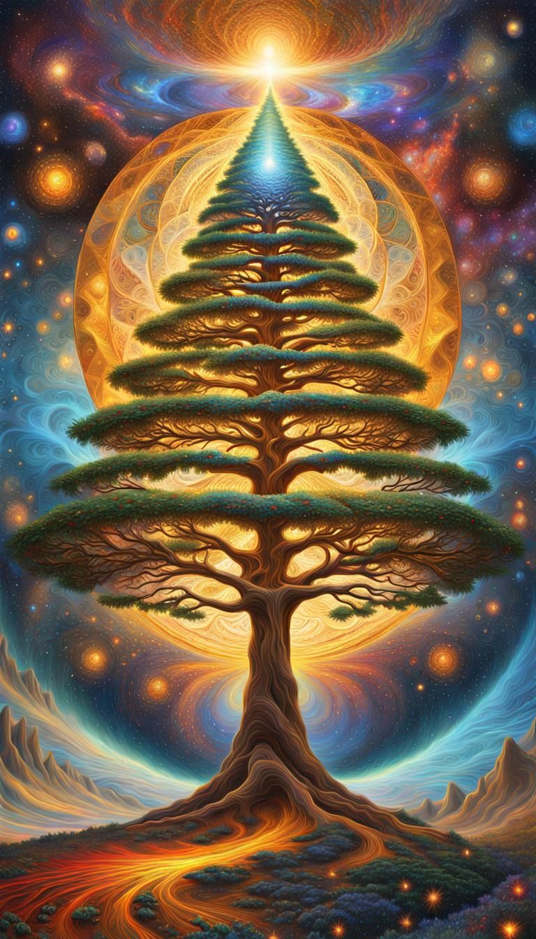 Psychedelic Fractal Christmas Tree Galaxy in Alex Grey Style