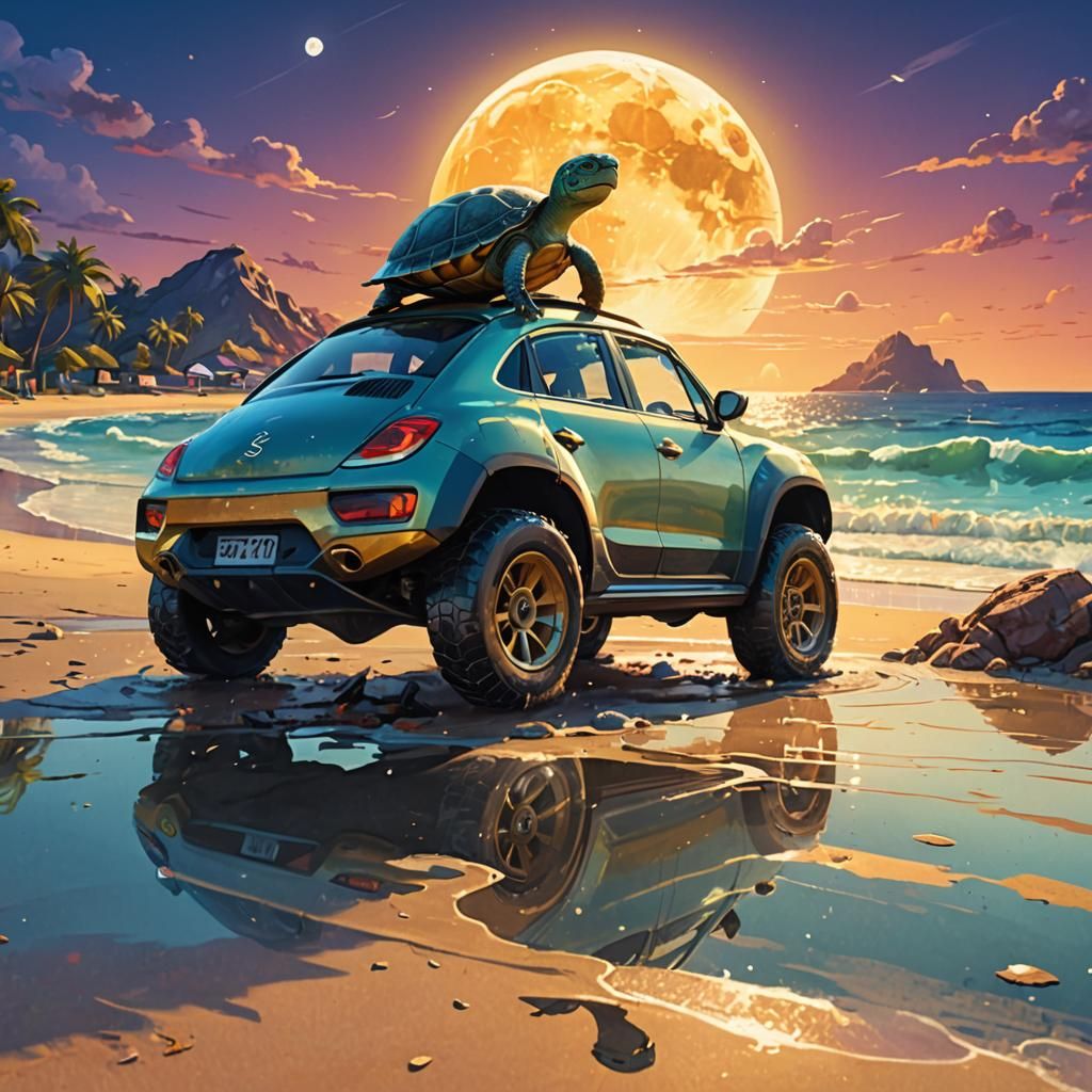 Happy Turtle on Car, Seaside Digital Art