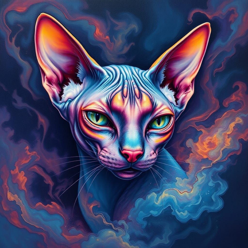 Iridescent Sphynx Cat in Dreamlike Digital Art