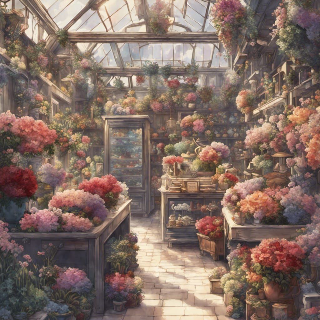 a timeless realm where the flower shop exists at the crossro...
