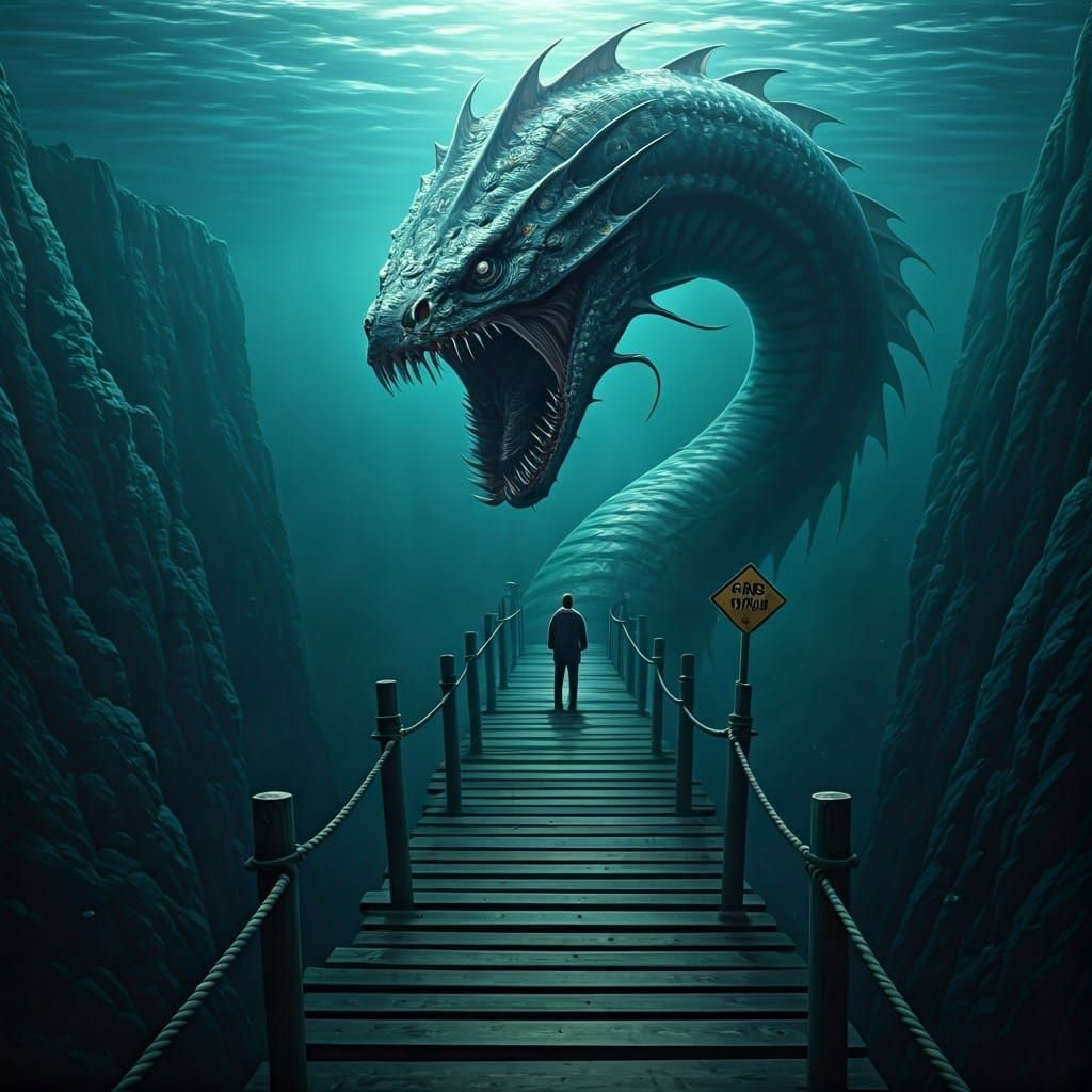 Colossal Sea Serpent Confrontation in Dark Fantasy Style