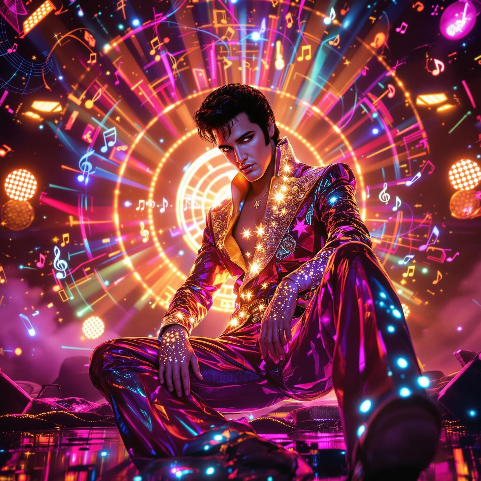 Elvis in Vibrant Neon Music Landscape