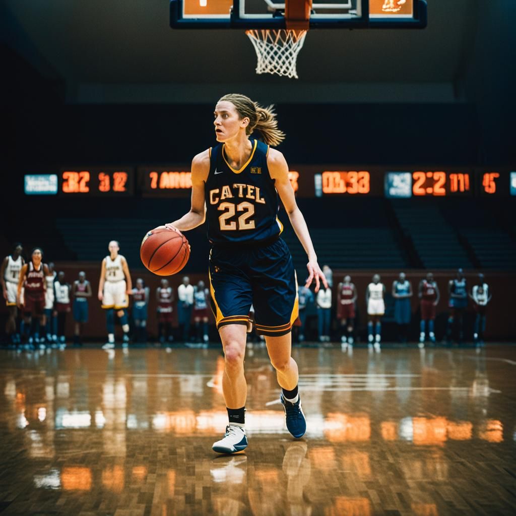 Caitlin Clark Scores Three Pointer in Cinematic Film Still