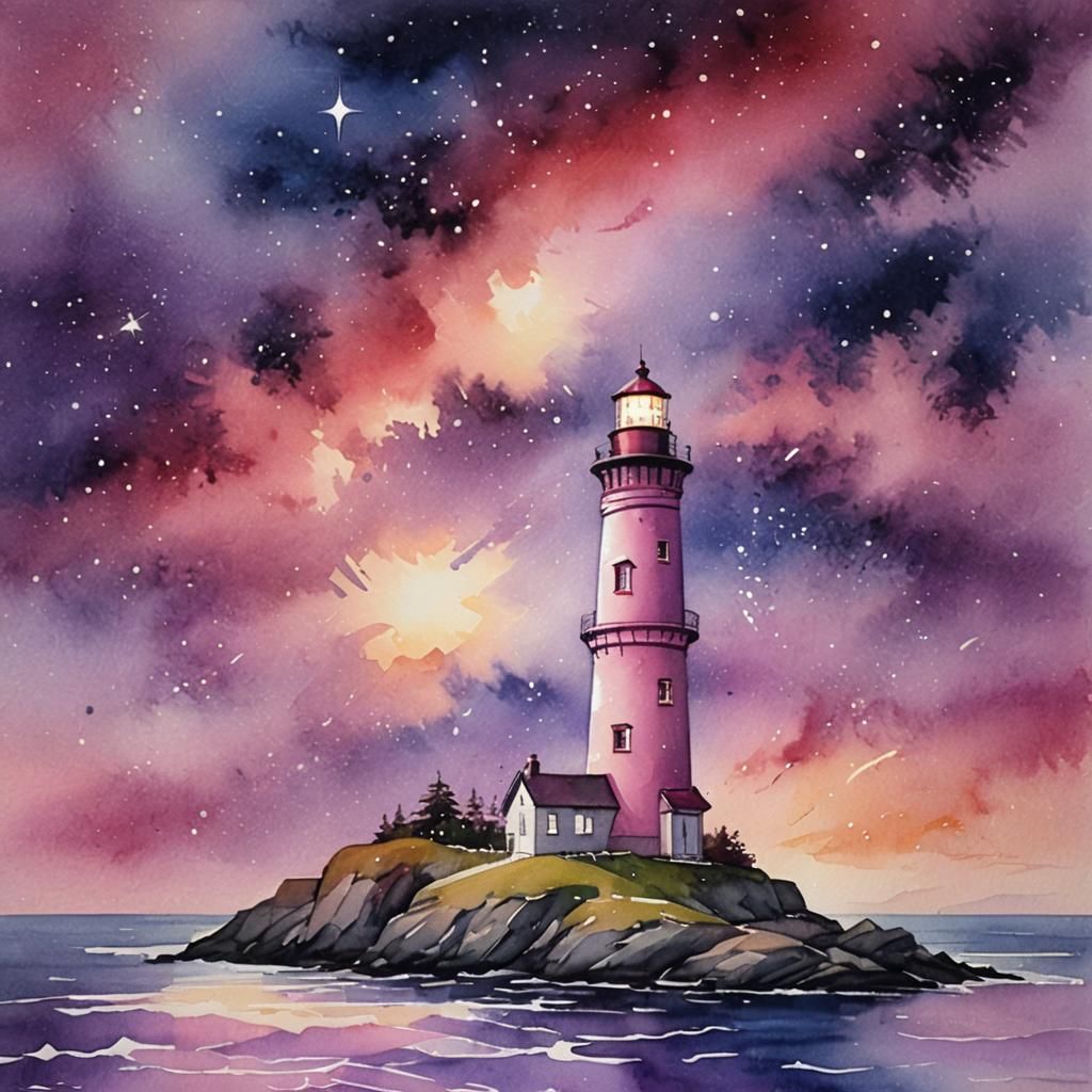 Lighthouse in Starry Sky Watercolor Painting