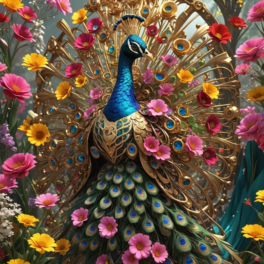 Metallic Peacock Among Flowers in 3D Animation