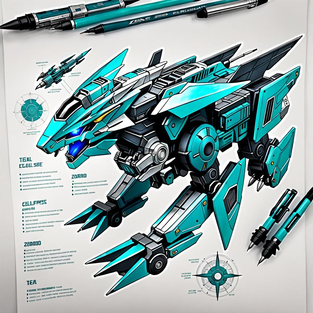 Detailed Schematic of Teal Eclipse Zord as CAD Drawing