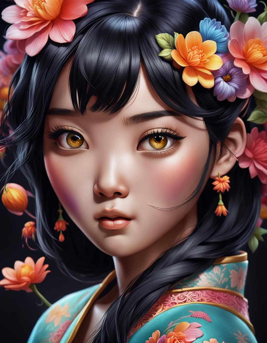 Adorable Girl with Flowers: Hyperrealistic Portrait