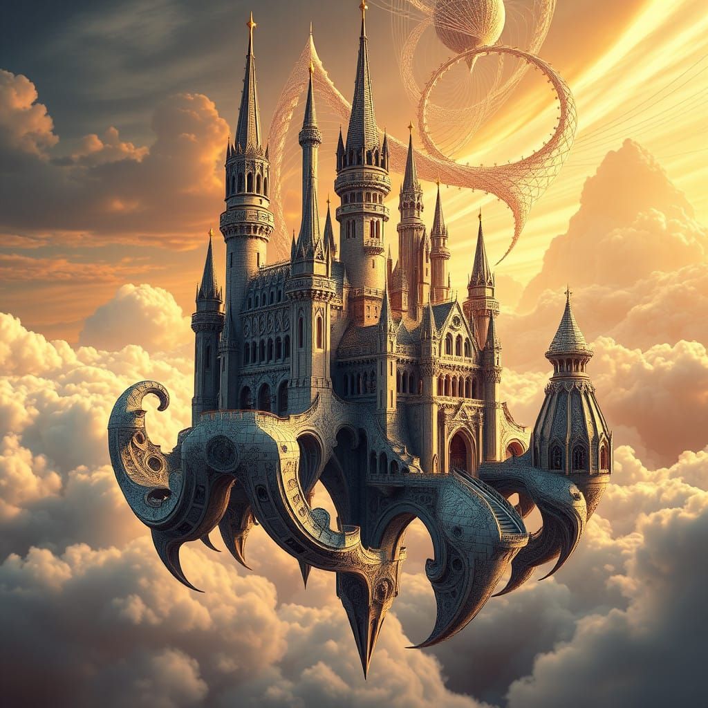 Majestic Castle Suspended in the Sky with Futuristic Medieva...