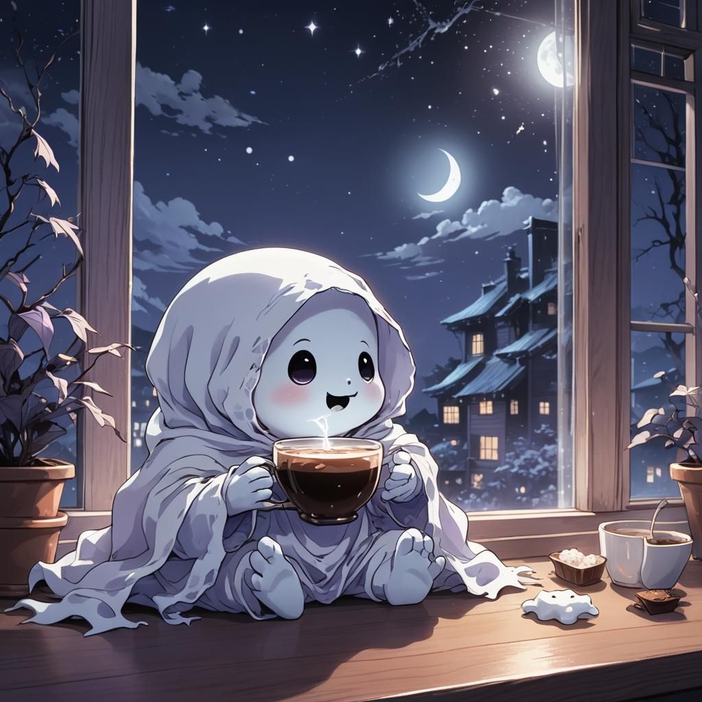 Cute Ghost Sips Cocoa: Vibrant Manga Illustration