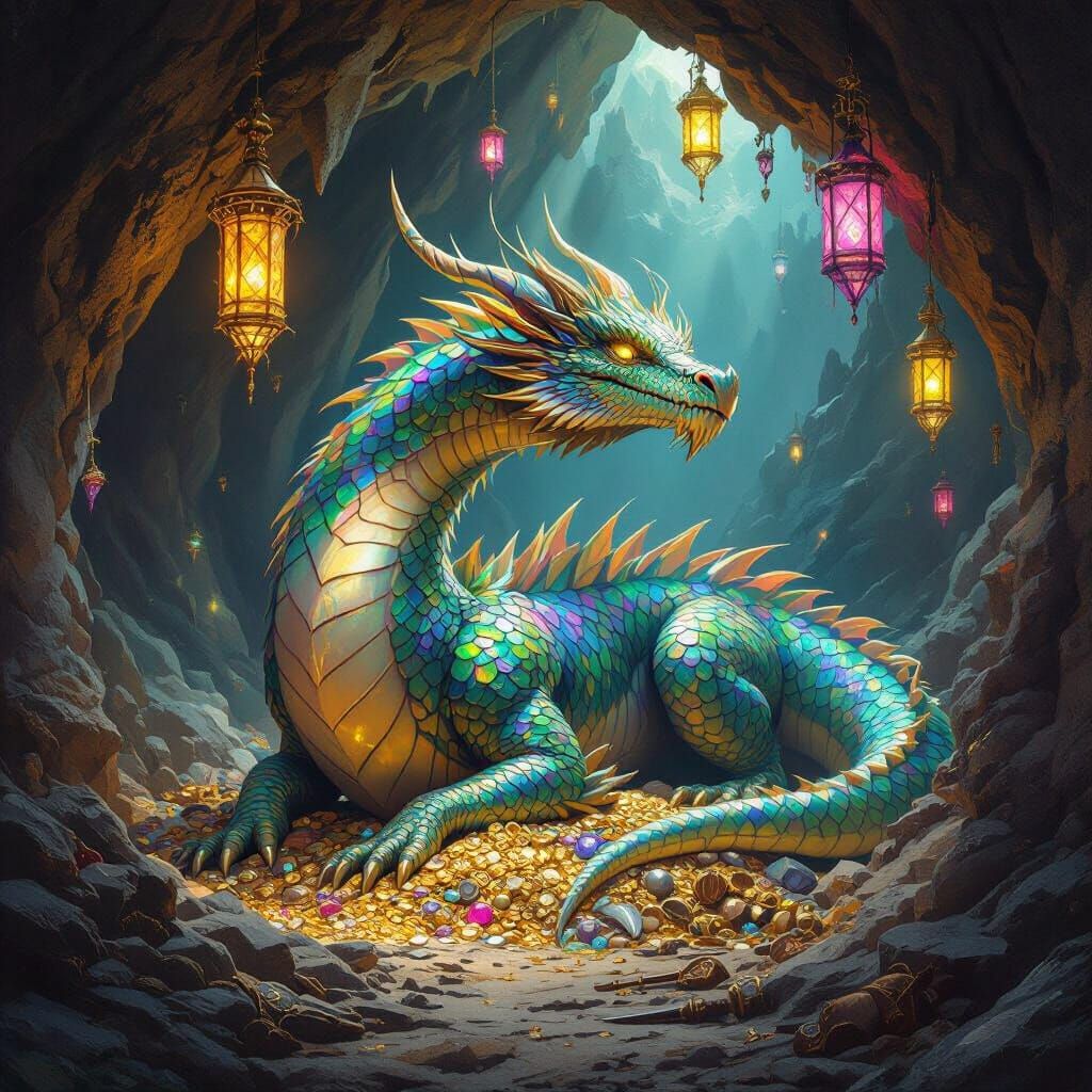 Colossal Dragon Guards Jewel-Toned Hoard in Cave