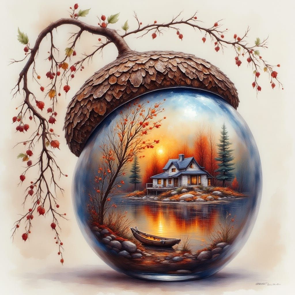 Autumn Acorn Jar with Red Sunset Lake Scene