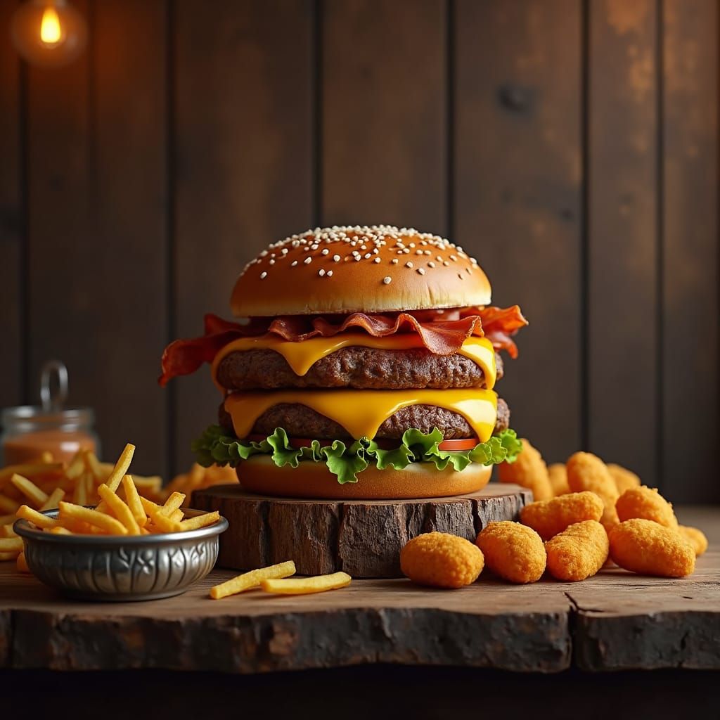 Hyperrealistic Cheeseburger with Fries and Nuggets