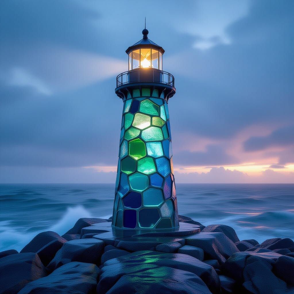 Sea Glass Lighthouse Beacon in Stormy Dusk