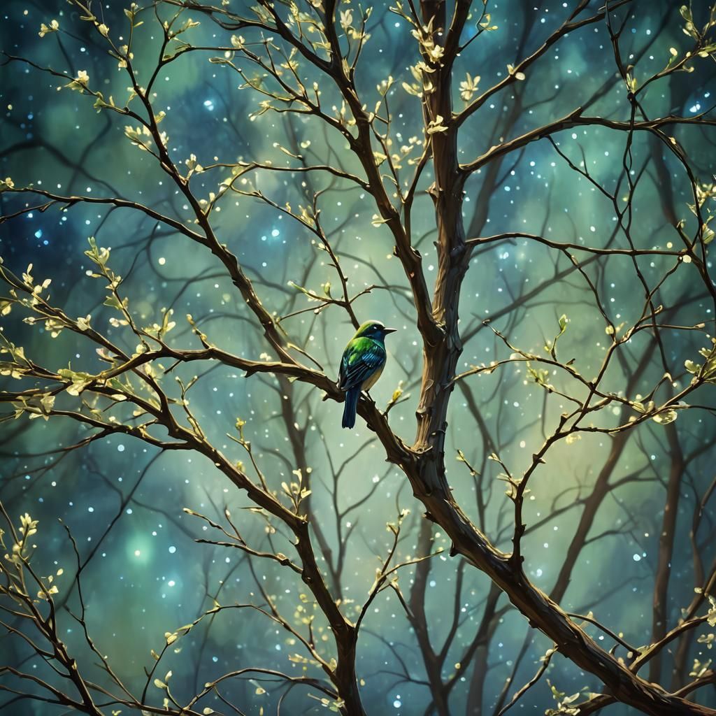 Spring Tree and Bird: Impressionist Style