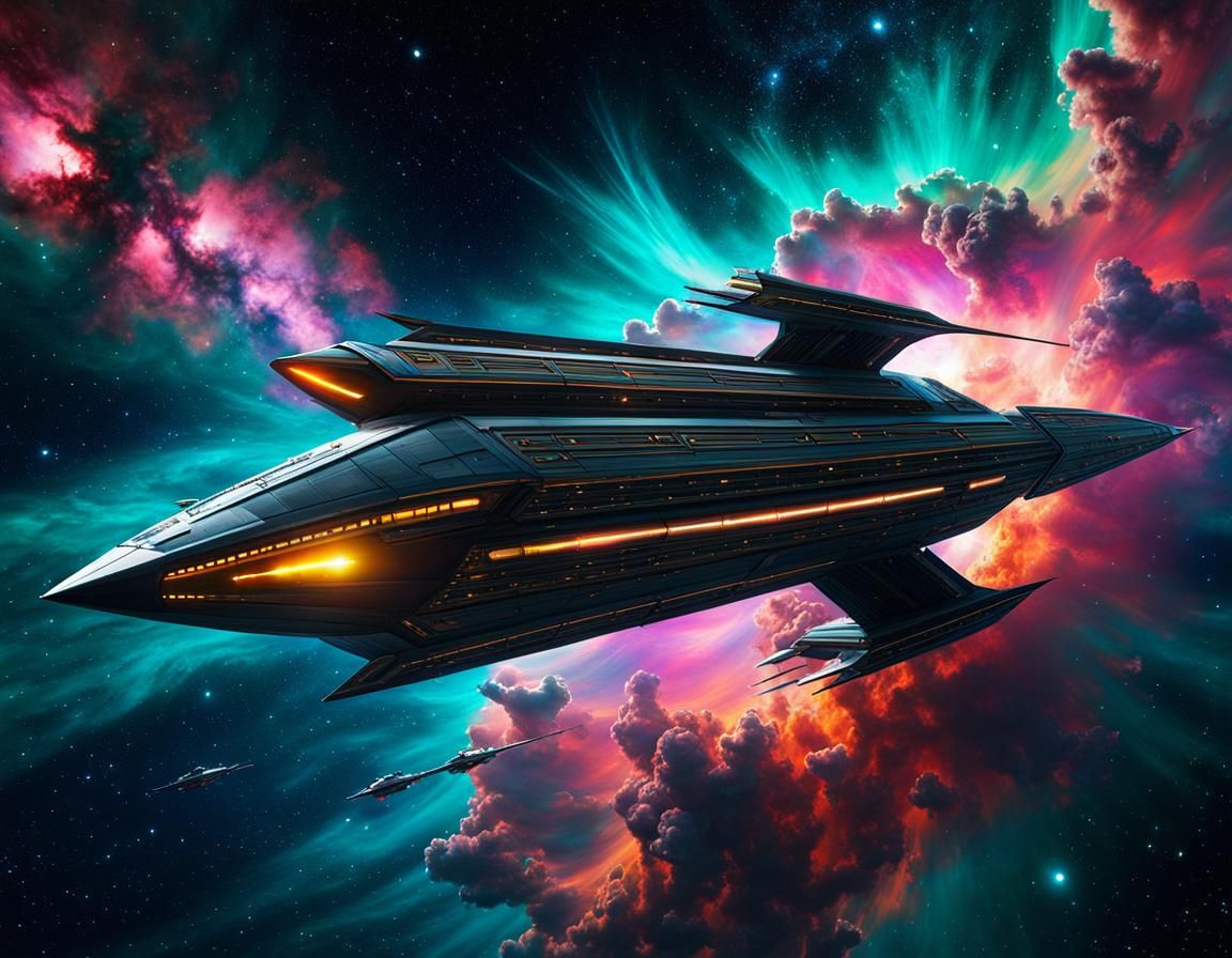 Arrow Spaceship Soaring Before Giant Nebula