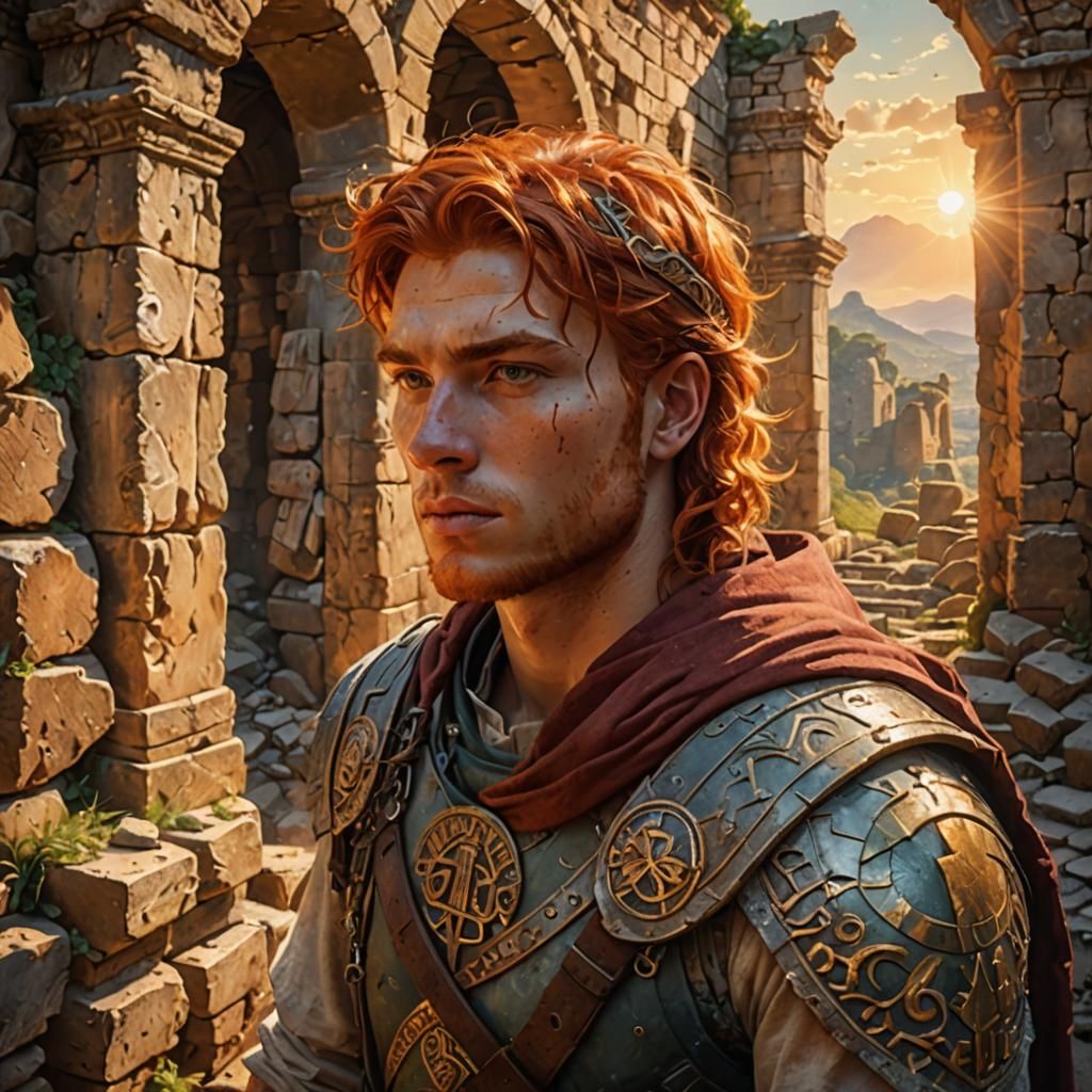 Red-Haired Man in Ancient Ruins Oil Painting