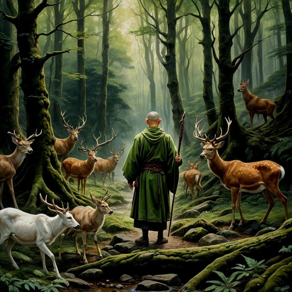 Welsh Monk Defends Deer With Spear, Oil Painting