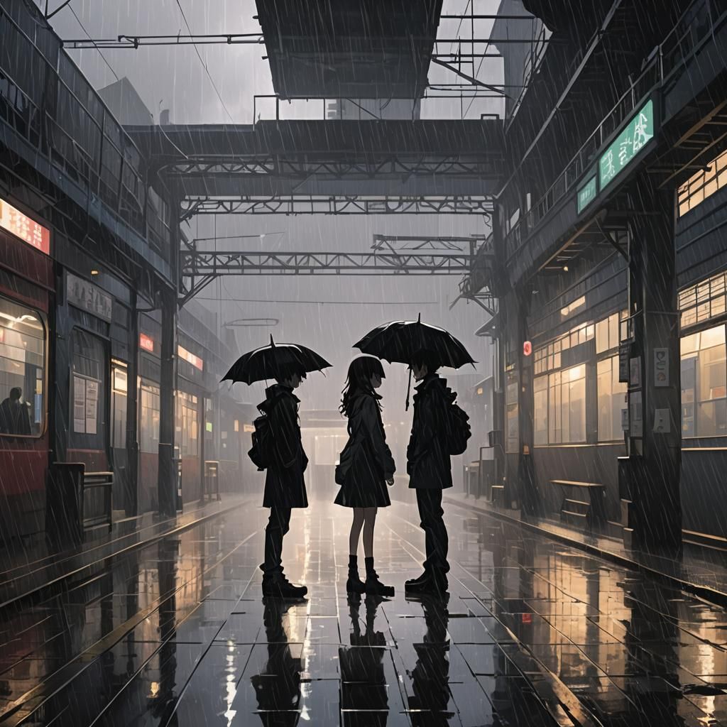 Lovers Reuniting in Rain-Soaked Station, Anime Style