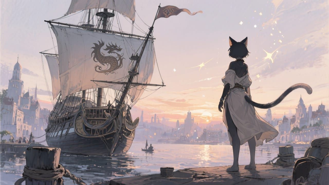 Anime Catgirl Overlooking Fantasy Harbor City