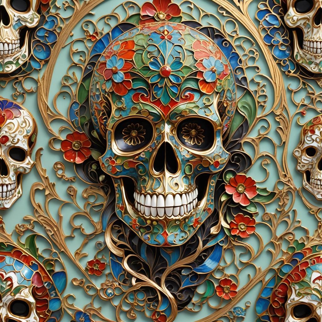 Dia de Los Muertos Skull in Cloisonne Enamel Style