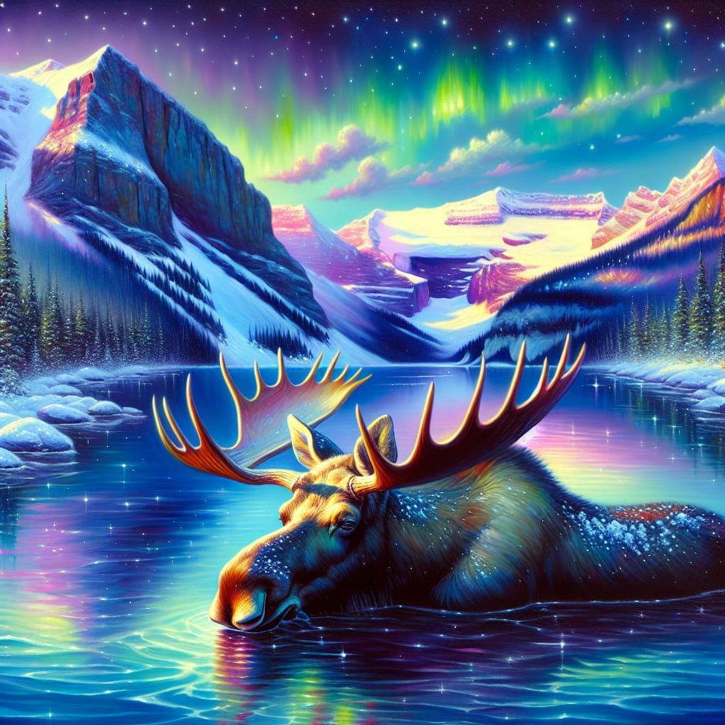 Majestic Moose in Mountain Lake: Impasto Oil Painting