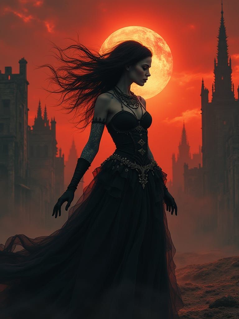 Sorceress on Battlefield in Dark Fantasy Style