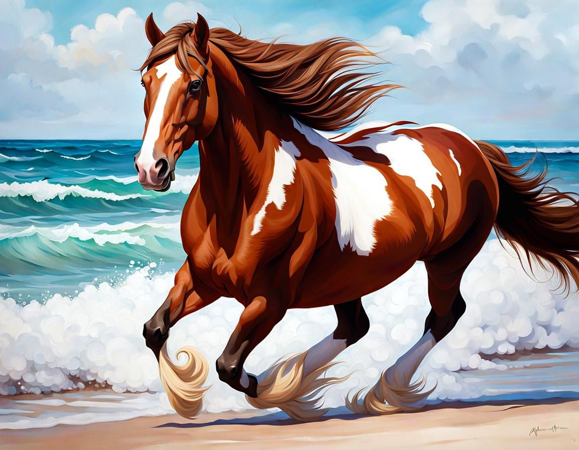 Clydesdale Horse Galloping on Tropical Beach