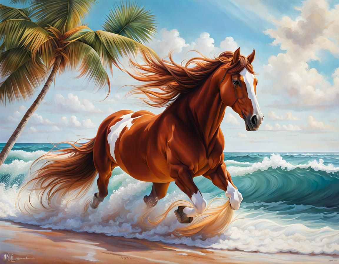 Clydesdale Galloping on Tropical Beach, Digital Art