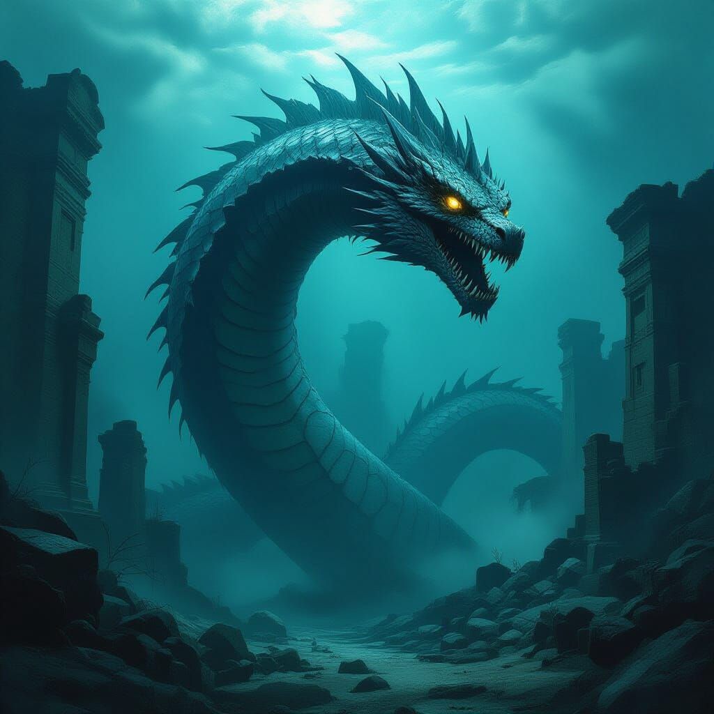 Serpentine Sea Monster Emerges from Sunken City