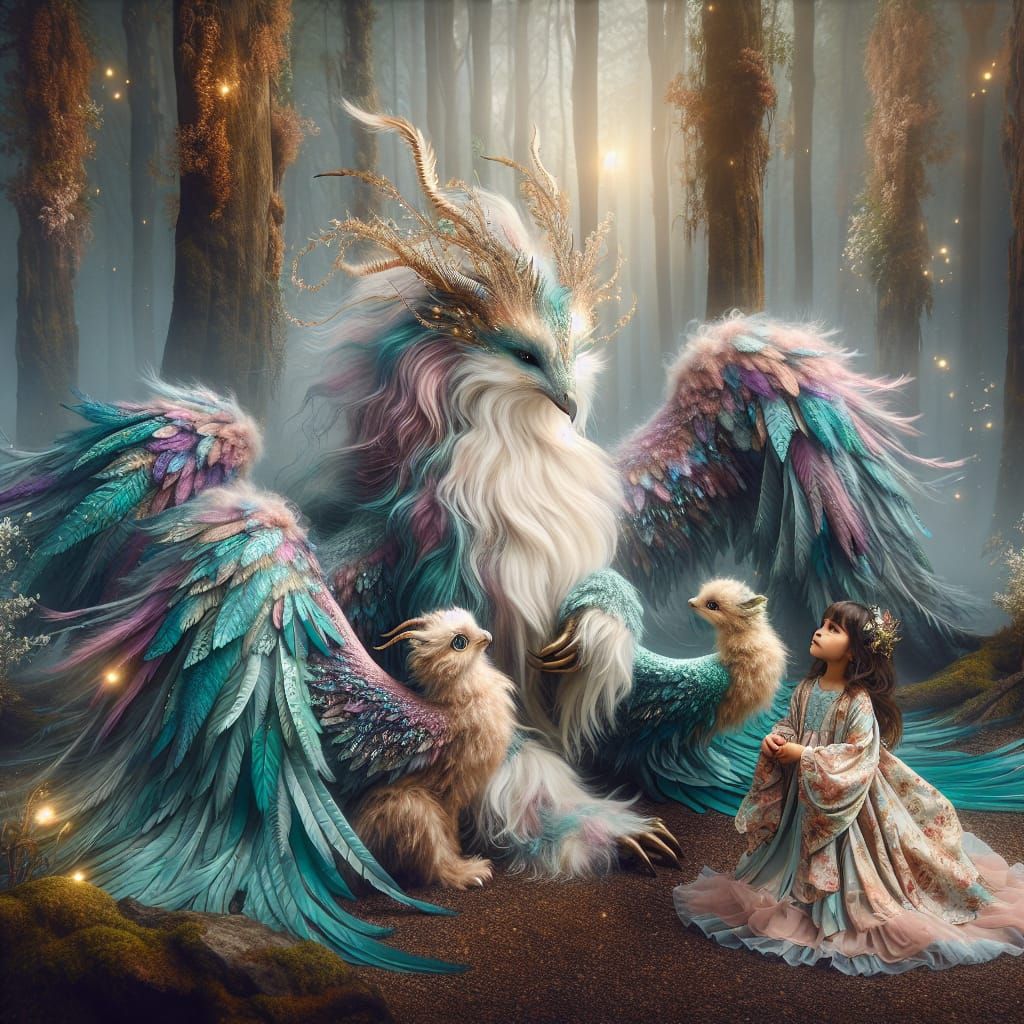 Regal Mythical Creature with Feathered and Furred Offspring....