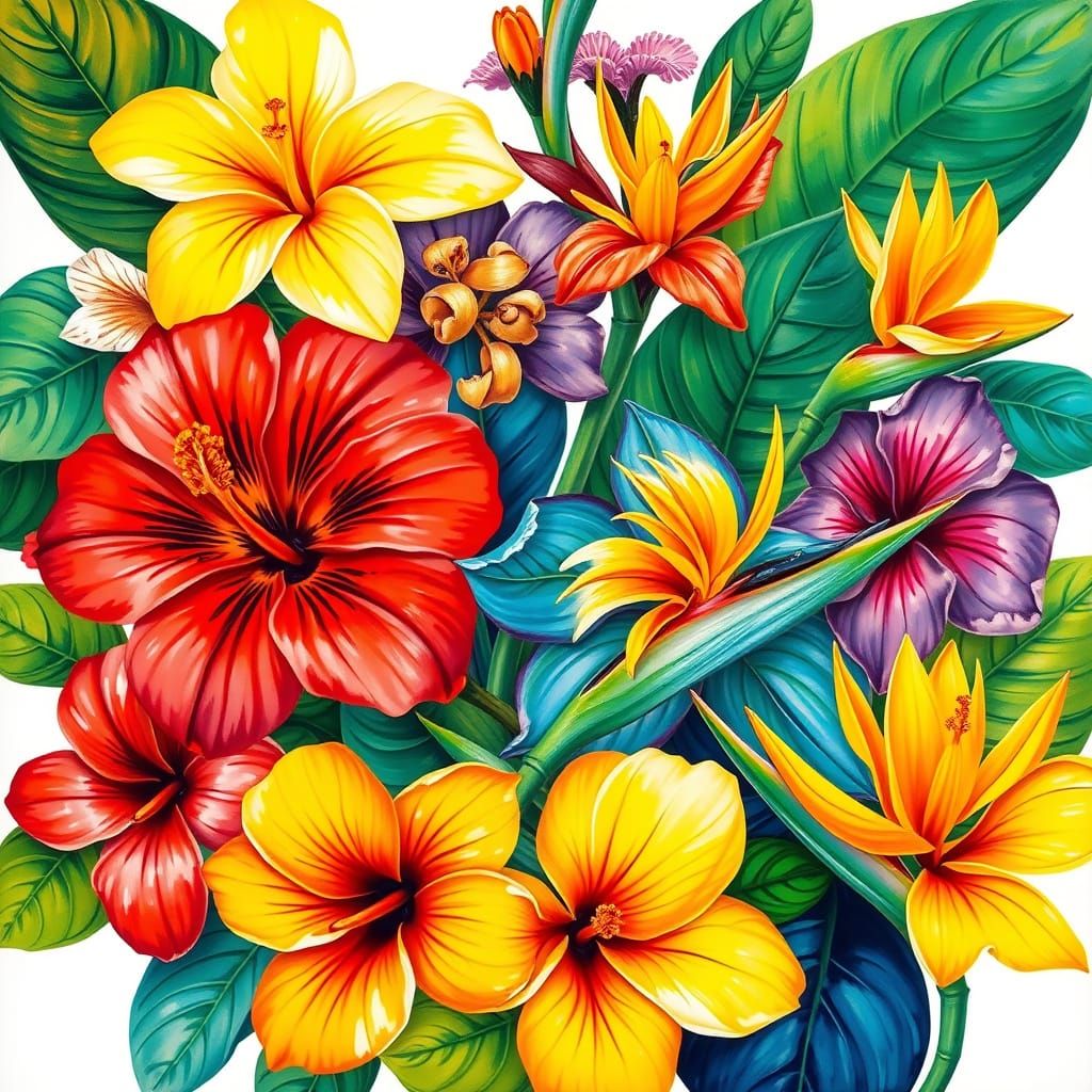 Vibrant Hawaiian Floral Collage in Impressionist Style