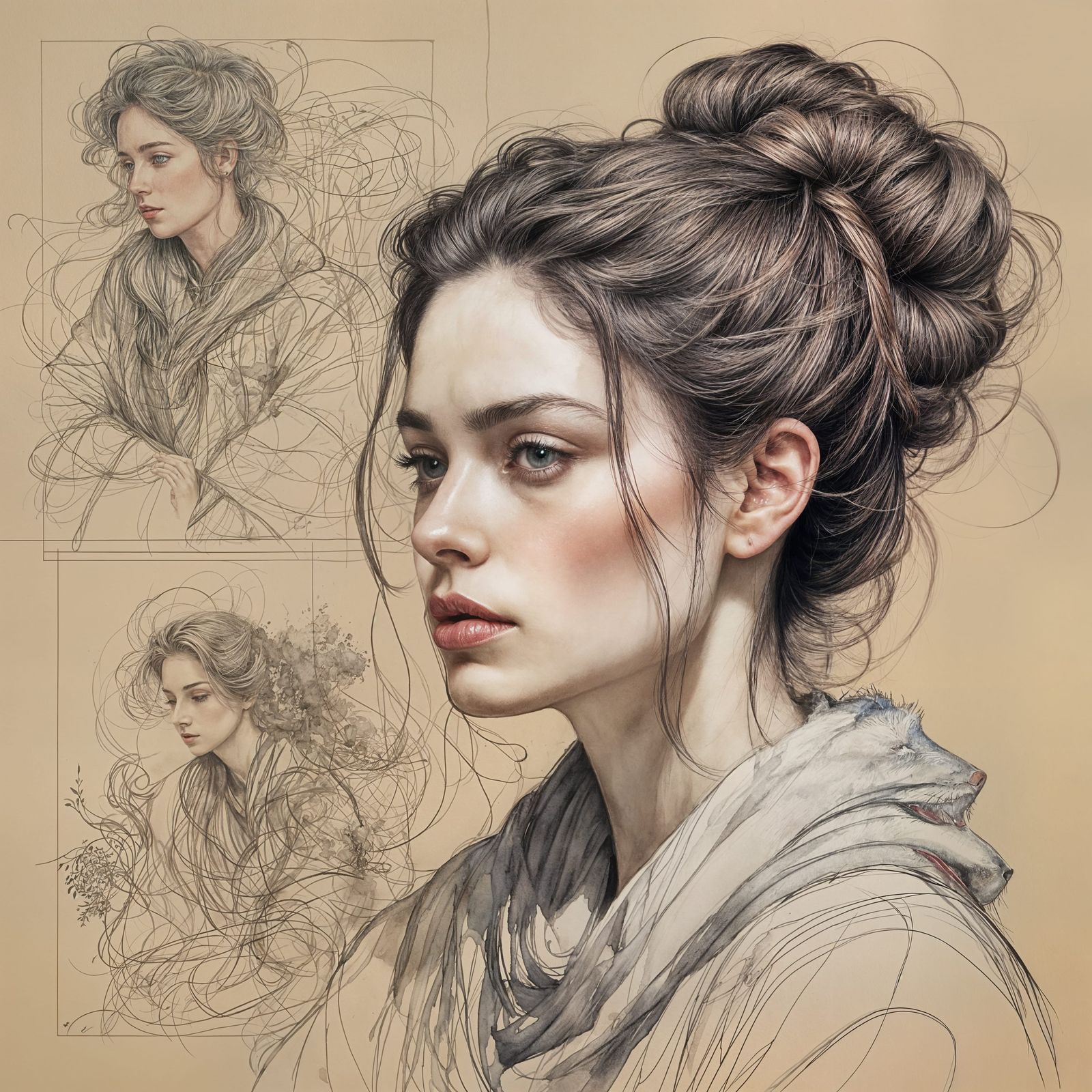 Elegant Matron Paints Youthful Portrait in Pencil Sketch Sty...