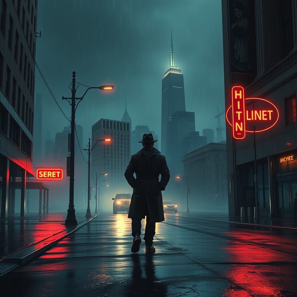 Noir Detective on Rain-Slicked Street in Misty City